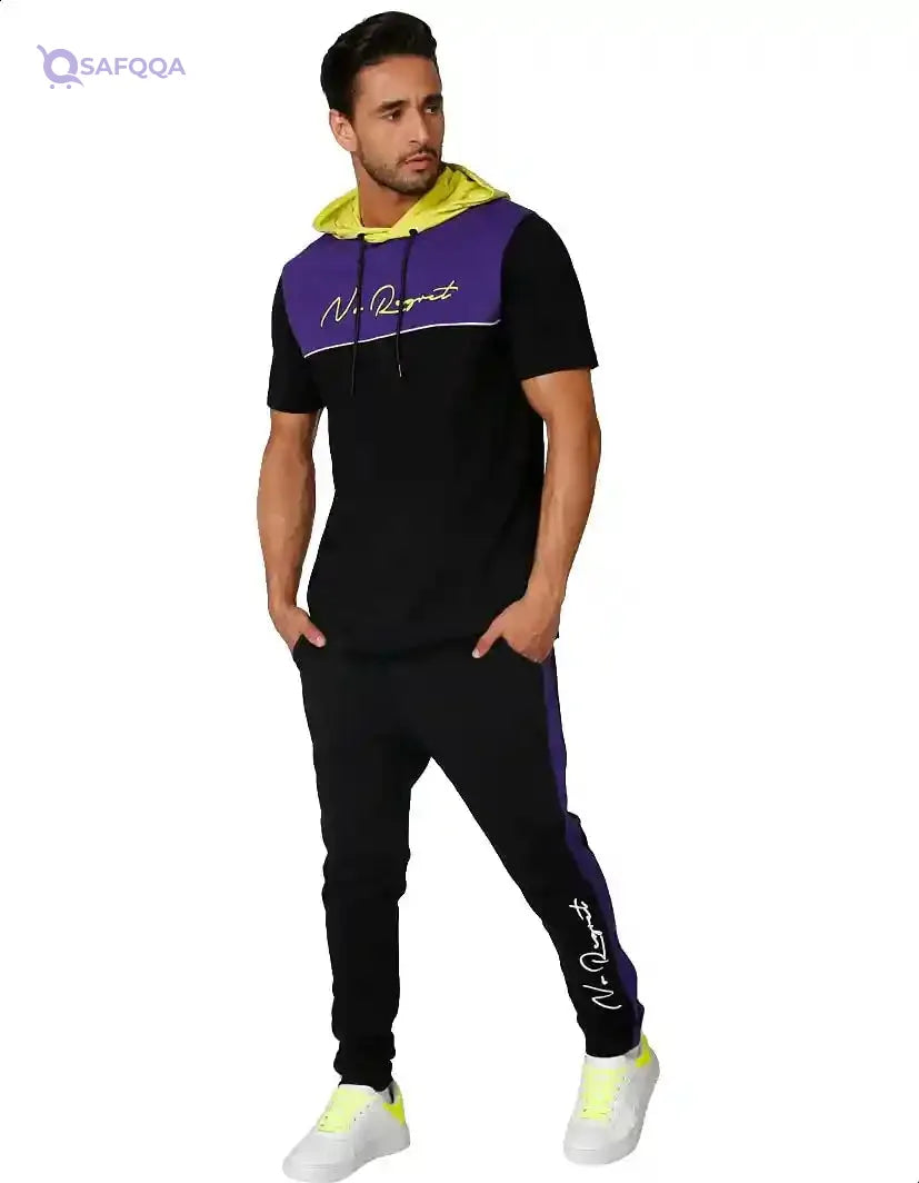 Splash Two-Tone Front Print Short Sleeves Contrast Hooded Sweatshirt for Men - Safqqa Egypt