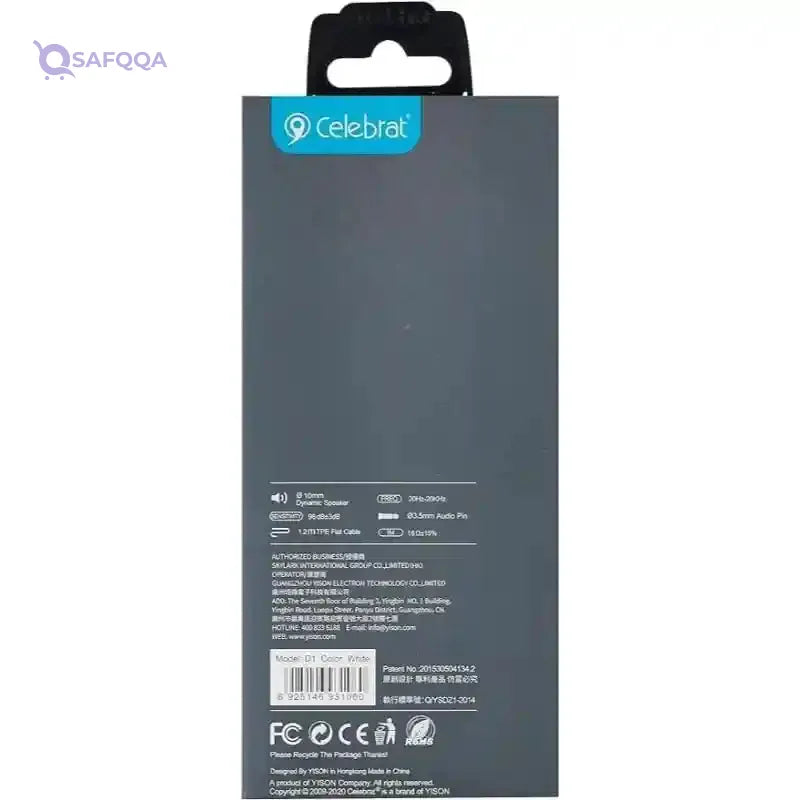 Celebrat D1 Wired Stereo Earphones  Ergonomic Design Set of 2  3.5mm Jack - Safqqa