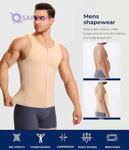 TAILONG Men Compression Shirt for Body Slimming Tank Top Shaper Tight Undershirt Tummy Control Girdle (Beige) - Safqqa