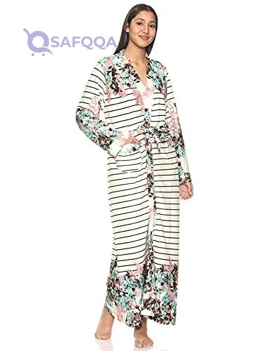 Kady Spaghetti Straps Striped Maxi Nightgown with Robe Sleepwear Set for Women, - Safqqa