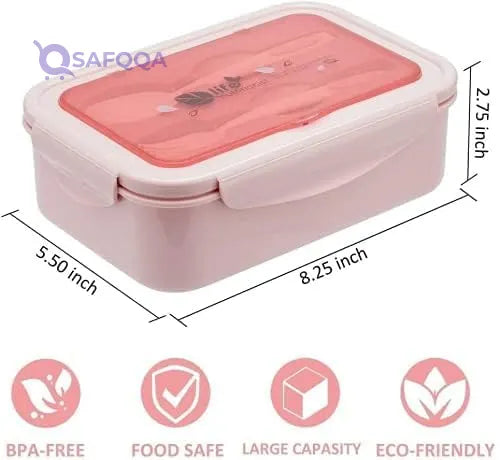 YumLock Boxes for Adults - 1400 ML Bento Lunch Box For Kids Childrens With Spoon and Fork - Durable, Leak-Proof for On-the-Go Meal, Transparent Cover - Reusable,3 Compartments Microwave Safe(Pink) - Safqqa