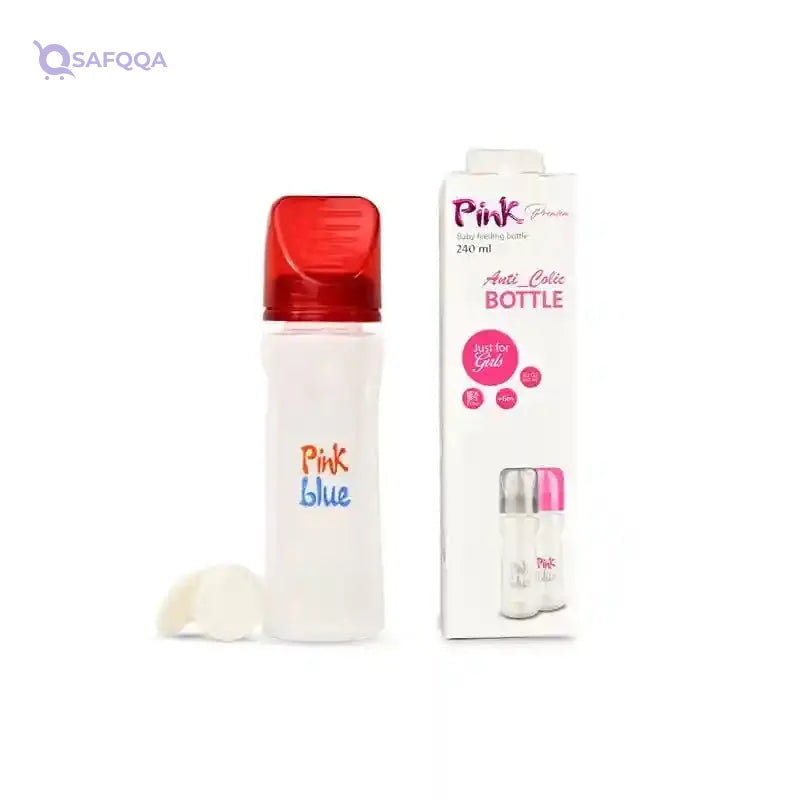 Pink Blue Baby Bottle 240 ml without handle Premium - Pink (imported nipple) Includes 2 pieces (strainer + stopper) for added practicality - Safqqa