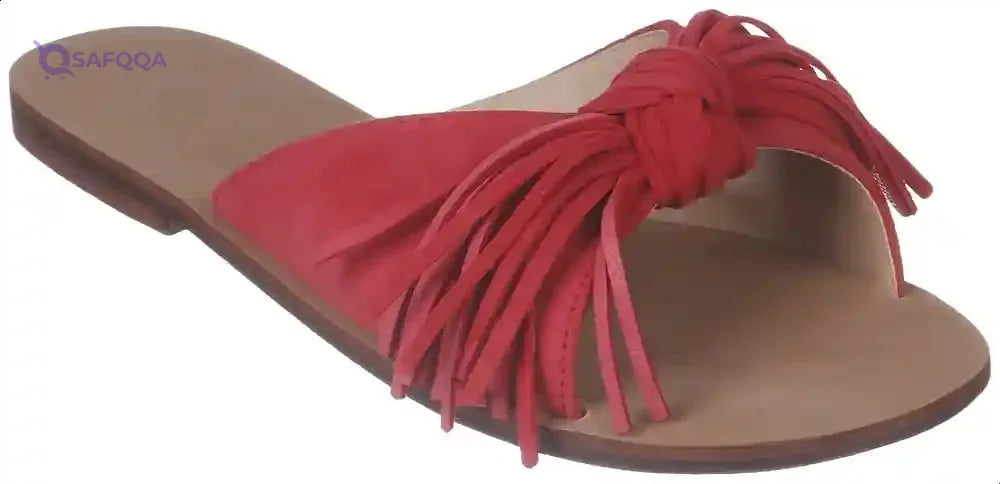 U By Misura Suede Knotted Strap FRinge-Trim Round-Toe Slide Slippers for Women - Red - 37 EU - Safqqa Egypt