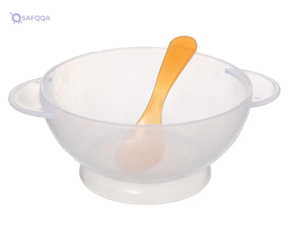 Plastic Food Set With Lid For Kids ,2 Pieces ,Plate+Spoon, Orange - Safqqa