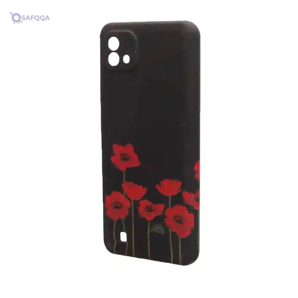 Generic Dragon Plastic Creative Back Phone Protection Case Flowers Print Design With Silicone Safety Edges And 3D Back Print For Realme C20 - Black Red - Safqqa Egypt