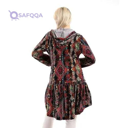 Andora Women’s Patterned Winter Blouse with Hi-Low Ruffle Hem - Safqqa