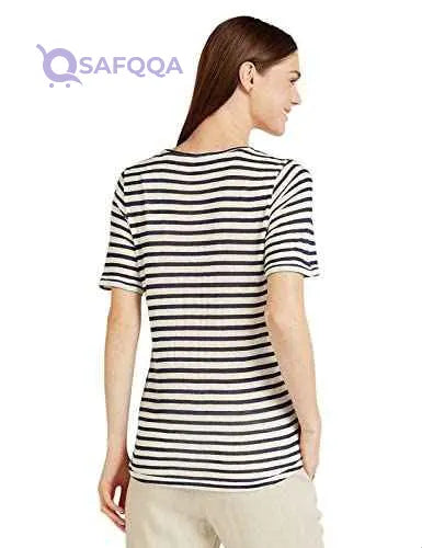 Splash Striped V-Neck Short Sleeves T-Shirt for Women - Beige and Navy, 12 - Safqqa Egypt