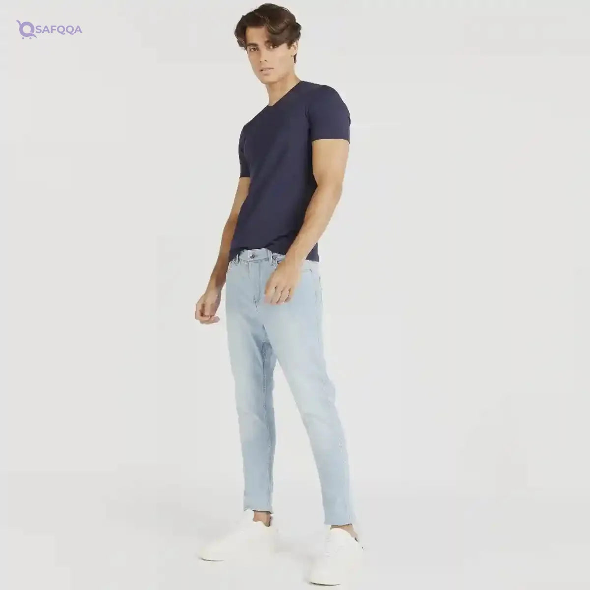 Solid V-neck Slim Fit T-shirt with Short Sleeves - Safqqa Egypt
