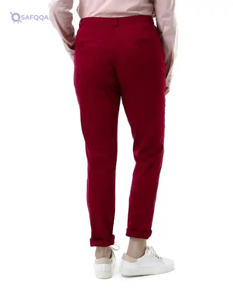 esla_Slim Leg Solid Casual Pants_Bordeaux - Safqqa Egypt