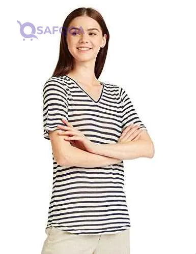 Splash Striped V-Neck Short Sleeves T-Shirt for Women - Safqqa Egypt