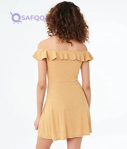 Aeropostale womens Striped Off-The-Shoulder V-Wire Fit & Flare Dress For Women,Perfect for casual events, brunches, and summer occasions. - Safqqa