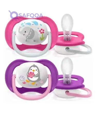 Avent orthodontic pacifier, BPA-free, with ventilation holes for babies aged 6 to 18 months, 2-pack, assorted colors, with sterilizer - Safqqa