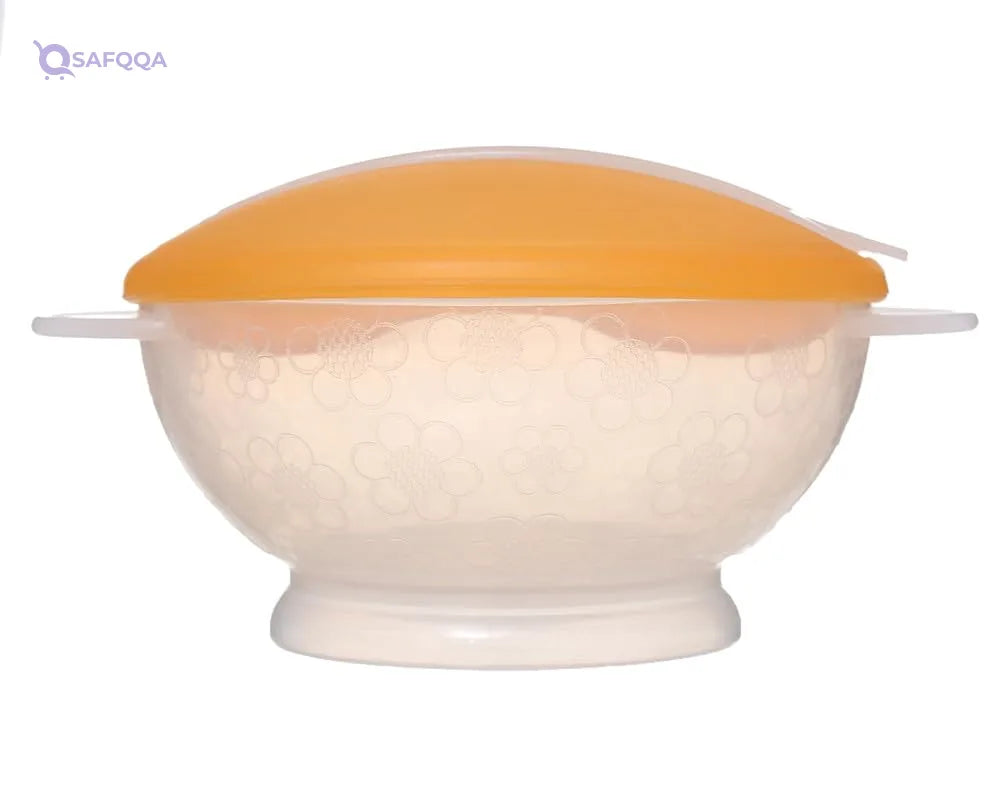 Plastic Food Set With Lid For Kids ,2 Pieces ,Plate+Spoon, Orange - Safqqa