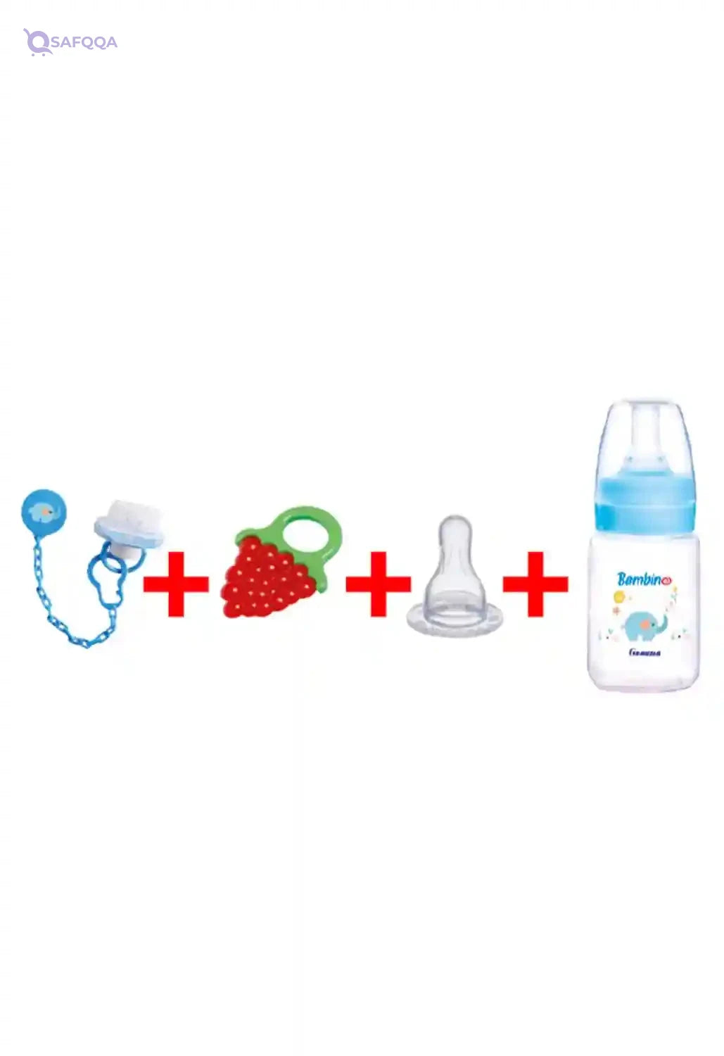 Granzia Bambino New Born Gift Package Blue Color (Classic Feeding Bootle 150 ML, Spare Nipple, Grape Shaped Teether & Pacifier With Chain) (4 Pieces) - Safqqa