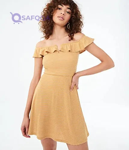 Aeropostale womens Striped Off-The-Shoulder V-Wire Fit & Flare Dress For Women,Perfect for casual events, brunches, and summer occasions. - Safqqa