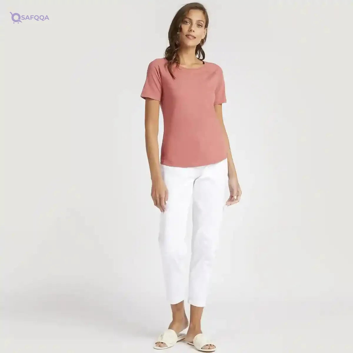 Solid T-shirt with Round Neck and Short Sleeves - Safqqa Egypt