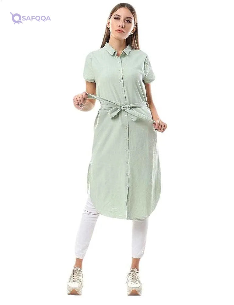 Ravin Waist-Tie Short Sleeves Striped Longline Shirt for women - Safqqa Egypt