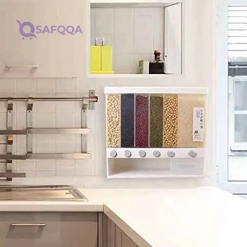 Kitchen Shelf Organizer (Transparent-5-6) Food Storage Boxes Airtight Food Storage ContainersLarge Wall Mounted Dry Food Dispenser Rice Bucket,6-Grid Rice Storage Dry Grain Storage Dried 10L - Safqqa Egypt