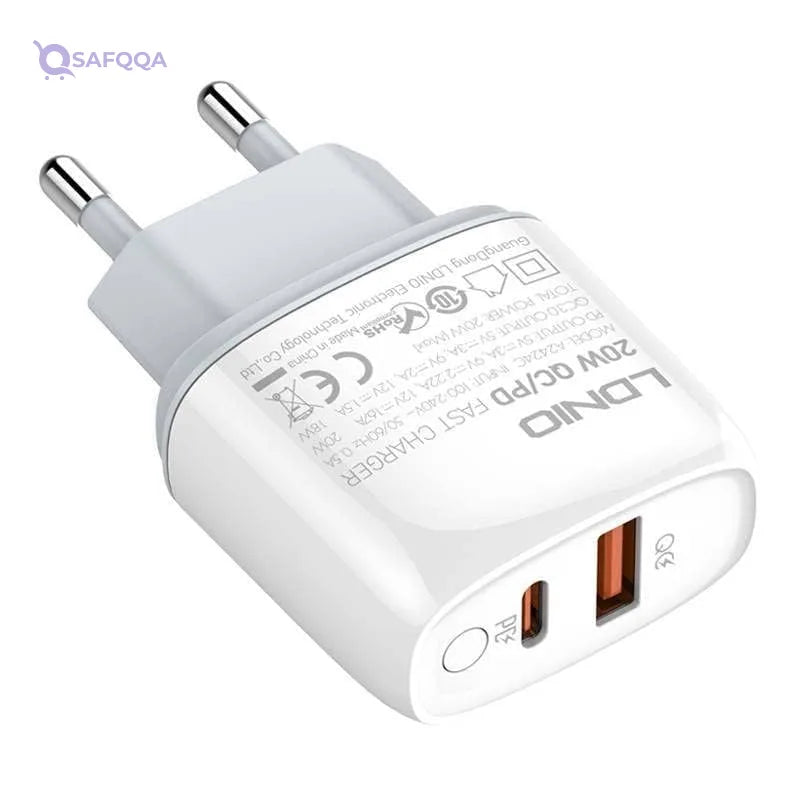 Ldnio Fast Charger Dual Usb Ports With Type-C-Type-C Cable• Suitable for home, office, and travel charging needs - Safqqa