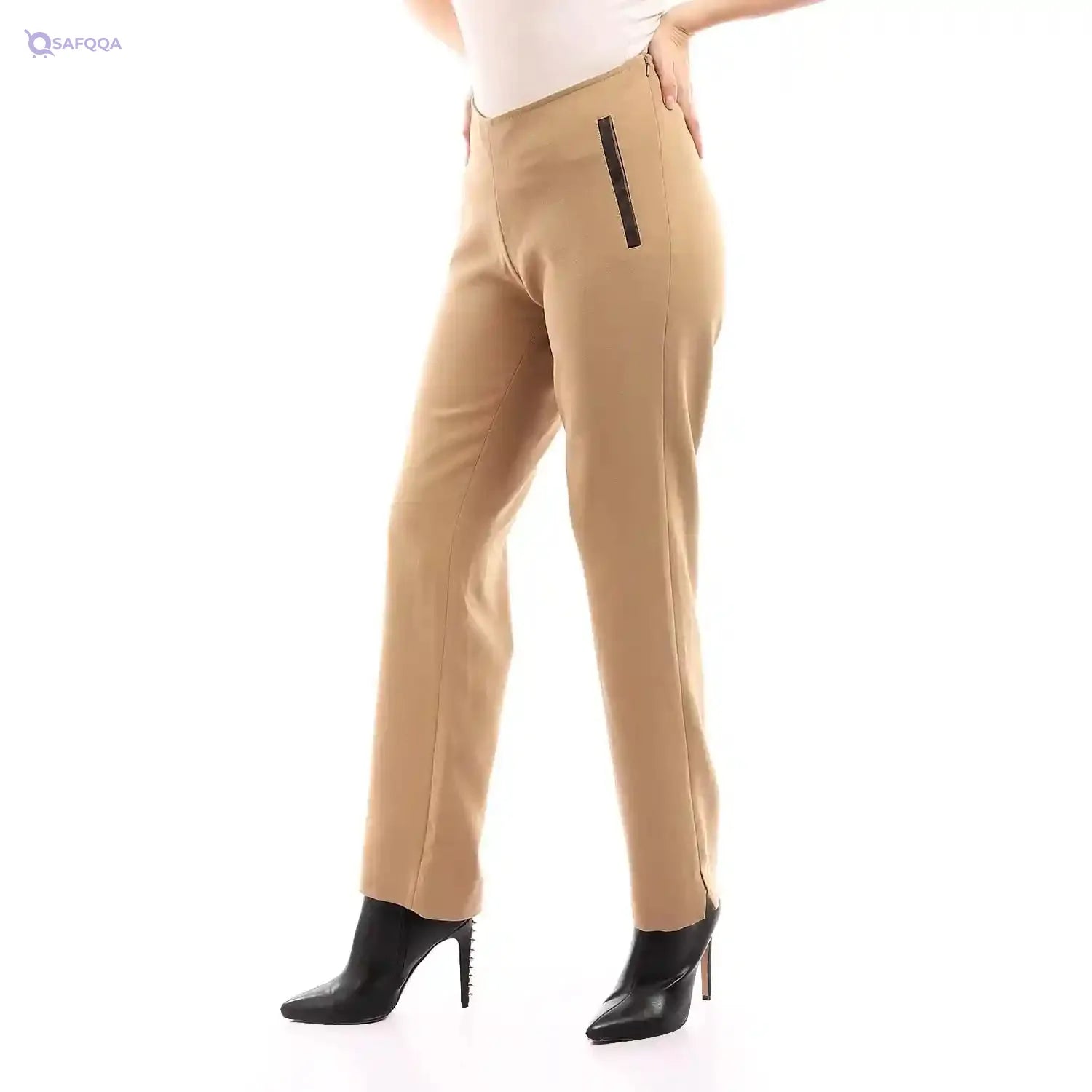 esla_Front Decorative Leather Pants_Dark Beige_size 6 - Safqqa Egypt