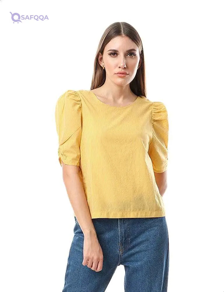 Ravin Cotton Striped Puff Sleeves Blouses for Women - Yellow - Safqqa Egypt