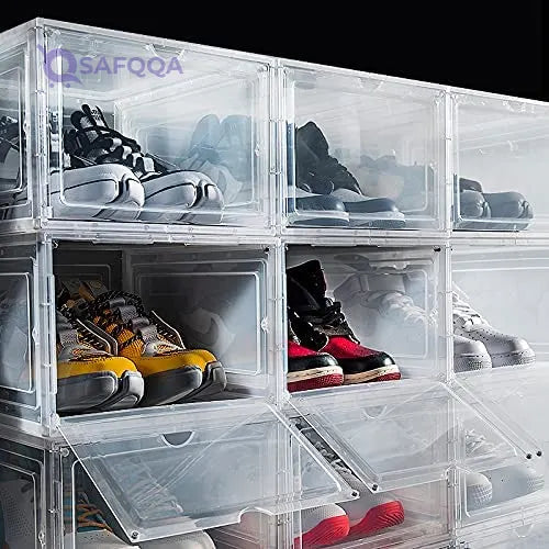 Shoe Box 4 Pack - Side Open with Magnetic door, Transparent, Plastic Storage (4 Open, Clear) - Safqqa