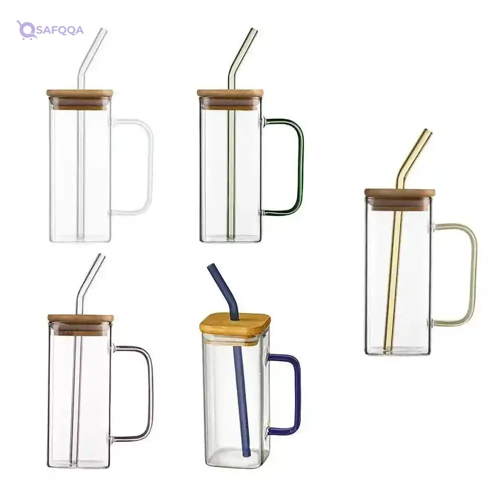 PRIME SHOP Square Glass Tumbler with Handle and Wooden Lid - Versatile Airtight Premium Product for Exceptional Drinking Experience (Pack Of 1 ) - Safqqa