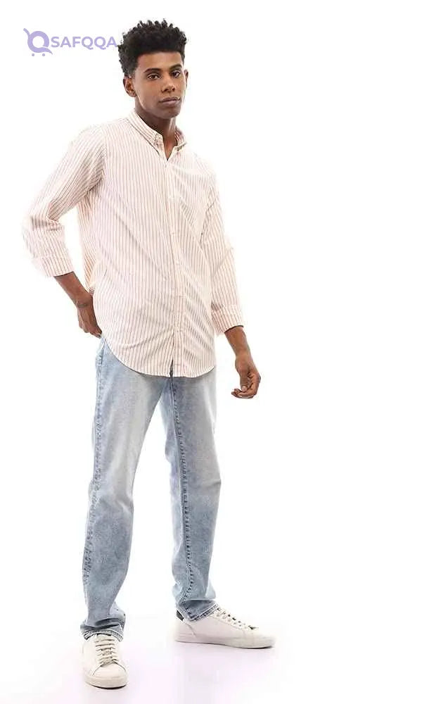 Ravin mens Ravin 95001 Bi-Tone Candy Stripes Elegant Shirt - White & Light Orange Shirt - Safqqa Egypt