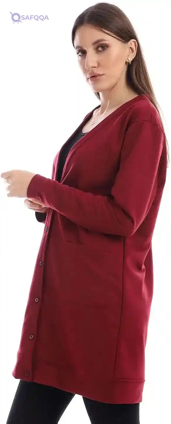 JAMILA Women long sleeves soft cardigan with buttons long length SWEATER - Safqqa