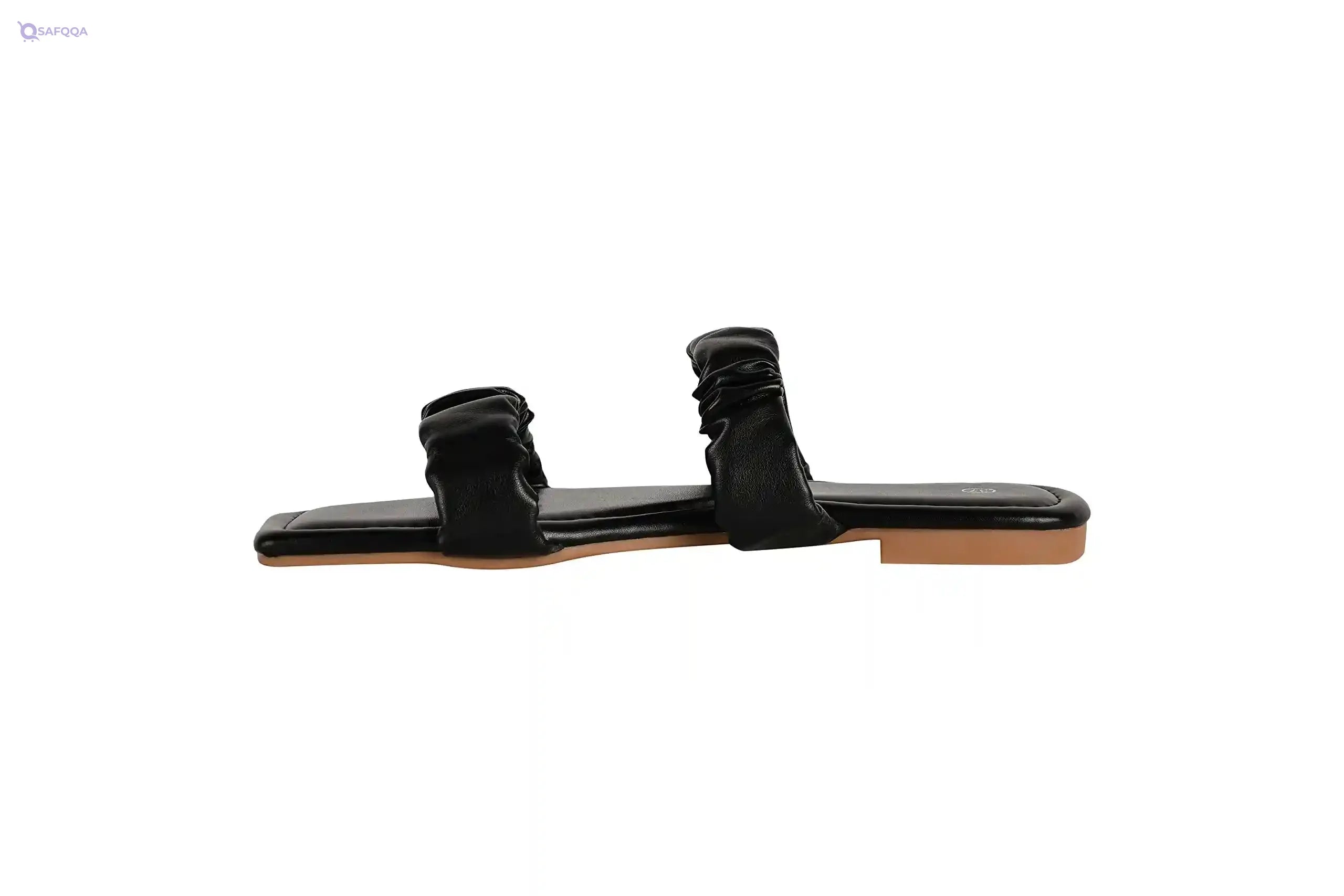 Pixi Faux Leather Square-Toe Gathered Strap Slide Slippers for Women - Safqqa