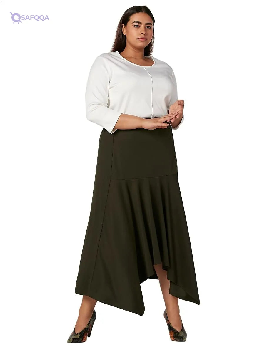 Splash Asymmetric-Hem Solid Midi Skirt for Women,Soft, lightweight fabric for all-day comfort. - Safqqa