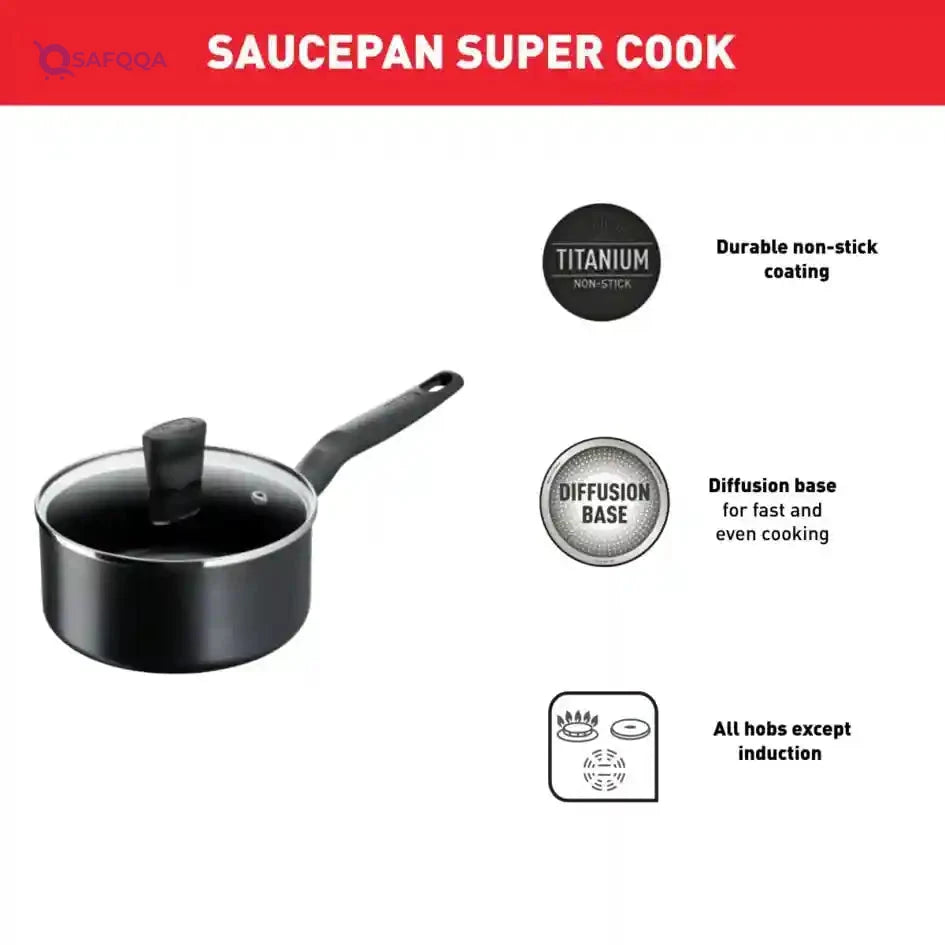 TEFAL G6 Super Cook 18 cm Saucepan with Lid | Non stick | Black - Safqqa