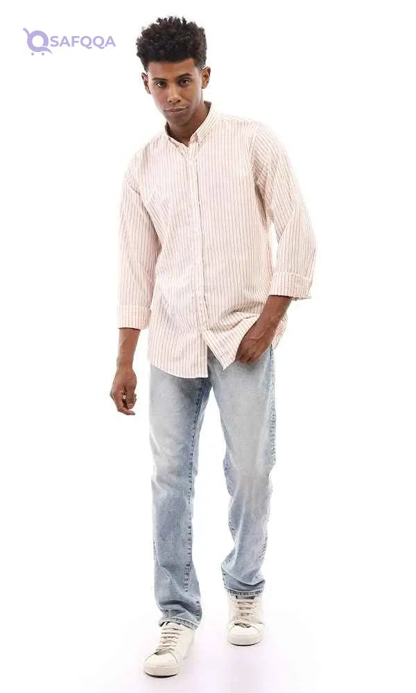 Ravin mens Ravin 95001 Bi-Tone Candy Stripes Elegant Shirt - White & Light Orange Shirt - Safqqa Egypt