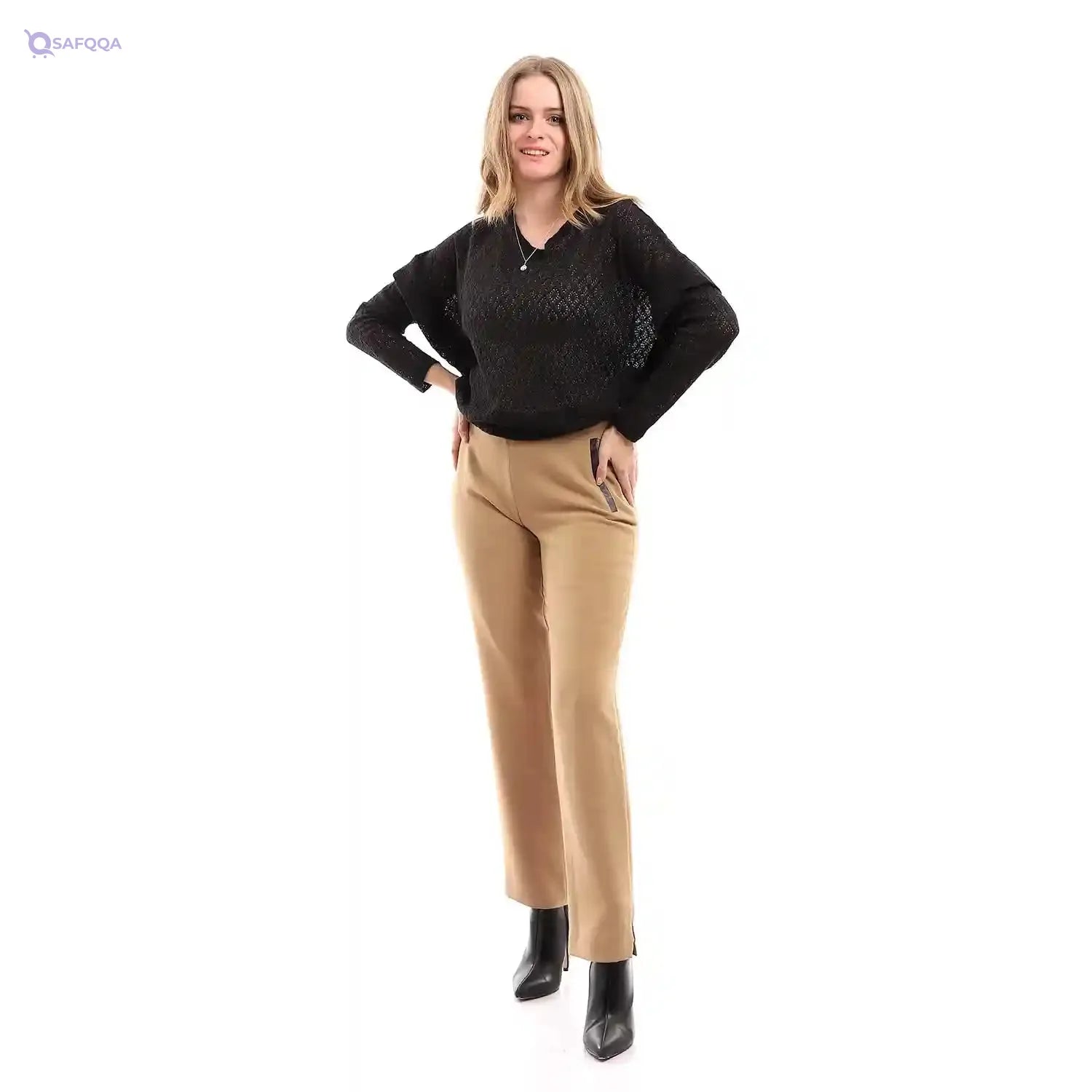 esla_Front Decorative Leather Pants_Dark Beige_size 6 - Safqqa Egypt