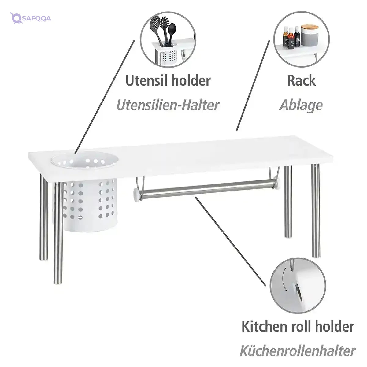 WENKO Blanco Kitchen Shelf with Roll and Utensil Holder, 55x21x18cm - Safqqa