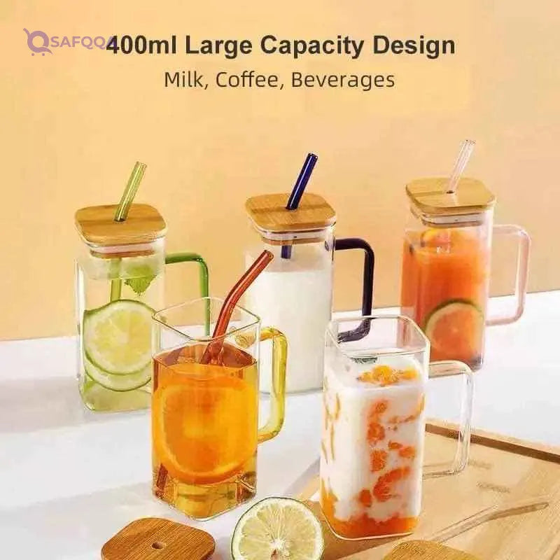 PRIME SHOP Square Glass Tumbler with Handle and Wooden Lid - Versatile Airtight Premium Product for Exceptional Drinking Experience (Pack Of 1 ) - Safqqa
