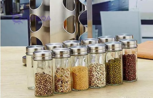 Flamer Spice Rack Organizer – 12 Empty Jars, Stainless Steel, Imitation Wood - Safqqa