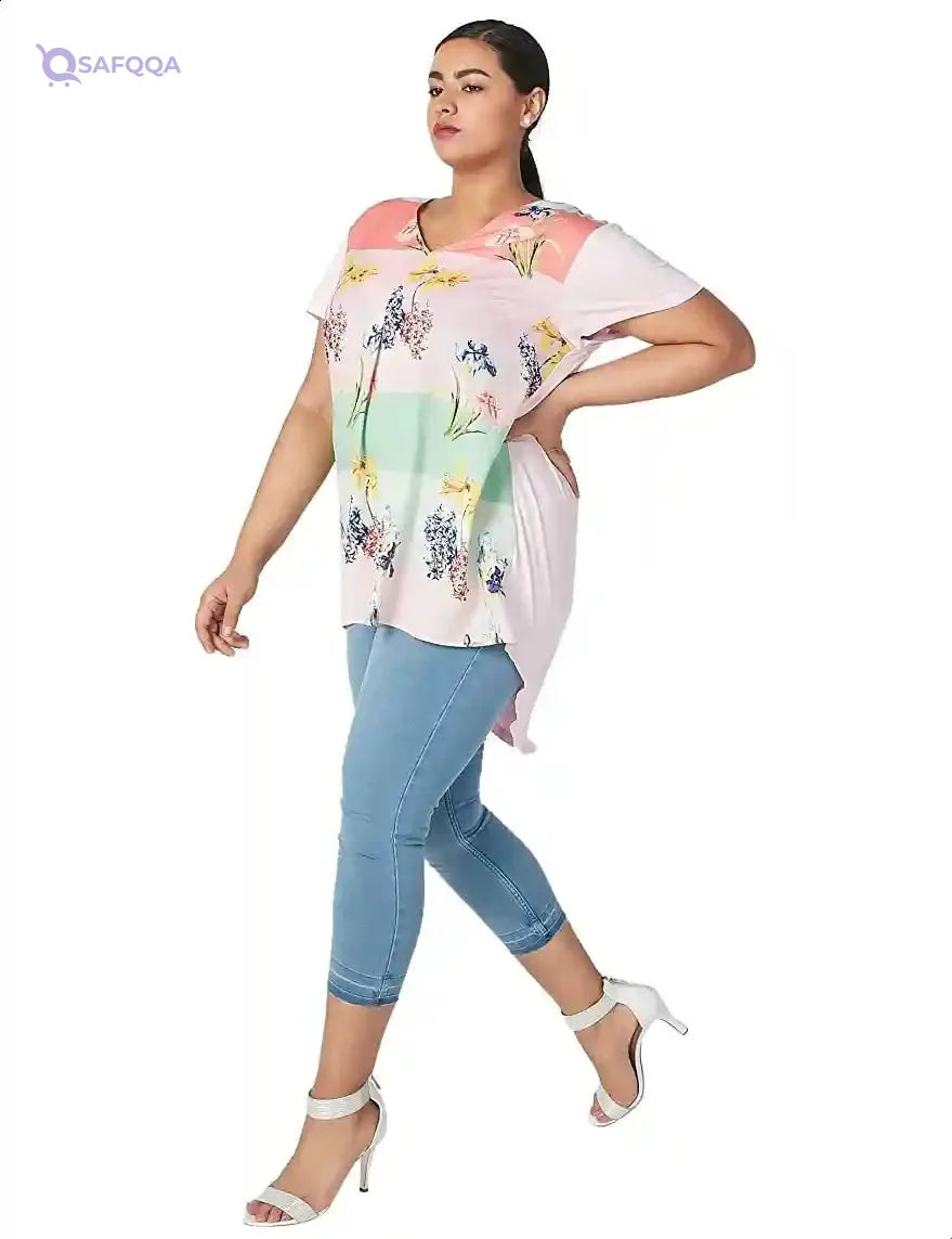 Splash High Low Patterned Short Sleeves V Neck Blouse for women - Safqqa Egypt