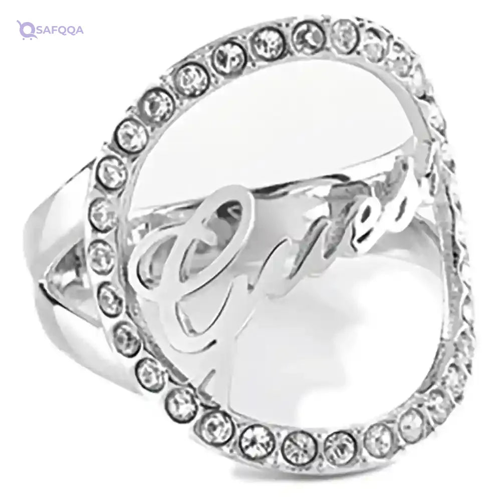 Guess Stainless Steel Zircon Embellished Stone Front Logo Ring for Women - Silver - Safqqa