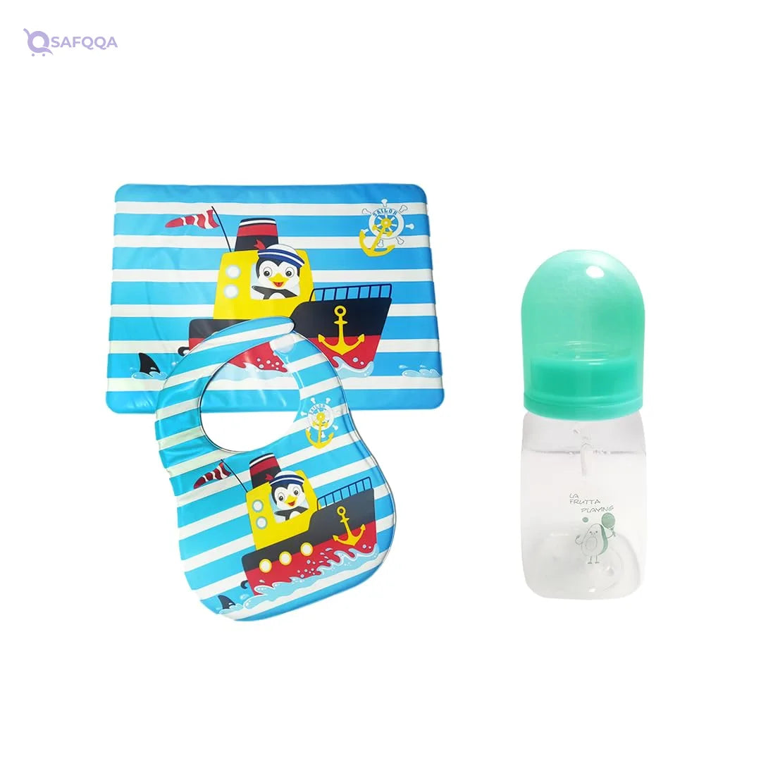 La Frutta Baby feeding Bottle With Spoon, Plastic Baby Bib, And Baby Nursing Mat, 150 ml - Safqqa