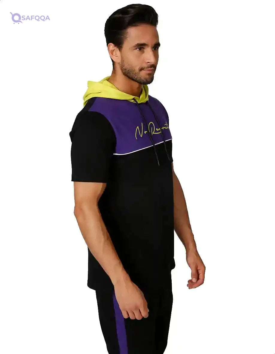 Splash Two-Tone Front Print Short Sleeves Contrast Hooded Sweatshirt for Men - Safqqa Egypt