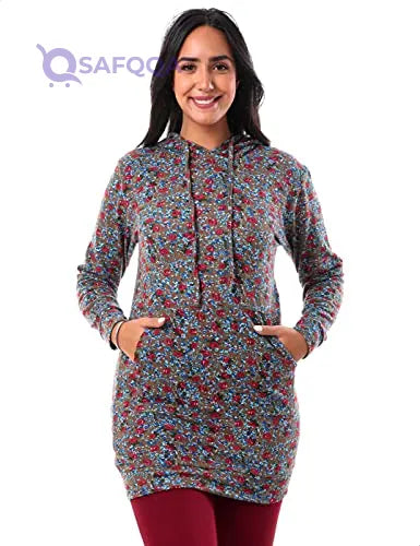 Jamila Women's Cotton Floral Pattern Kangaroo Pocket Longline Hoodie - Safqqa