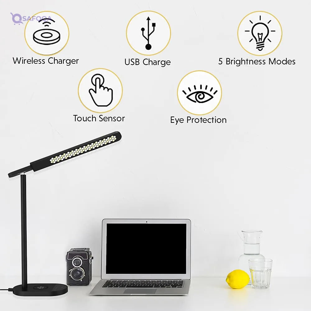 LED Desk Lamp with Wireless Charger, Eye-Caring, USB Charging, Dimmable Table Lamp - Safqqa