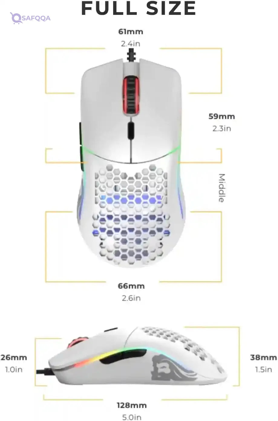 Glorious Model O Wired Gaming Mouse - RGB 67g Lightweight Ergonomic - Backlit Honeycomb Shell Design Mice ( White) - Safqqa