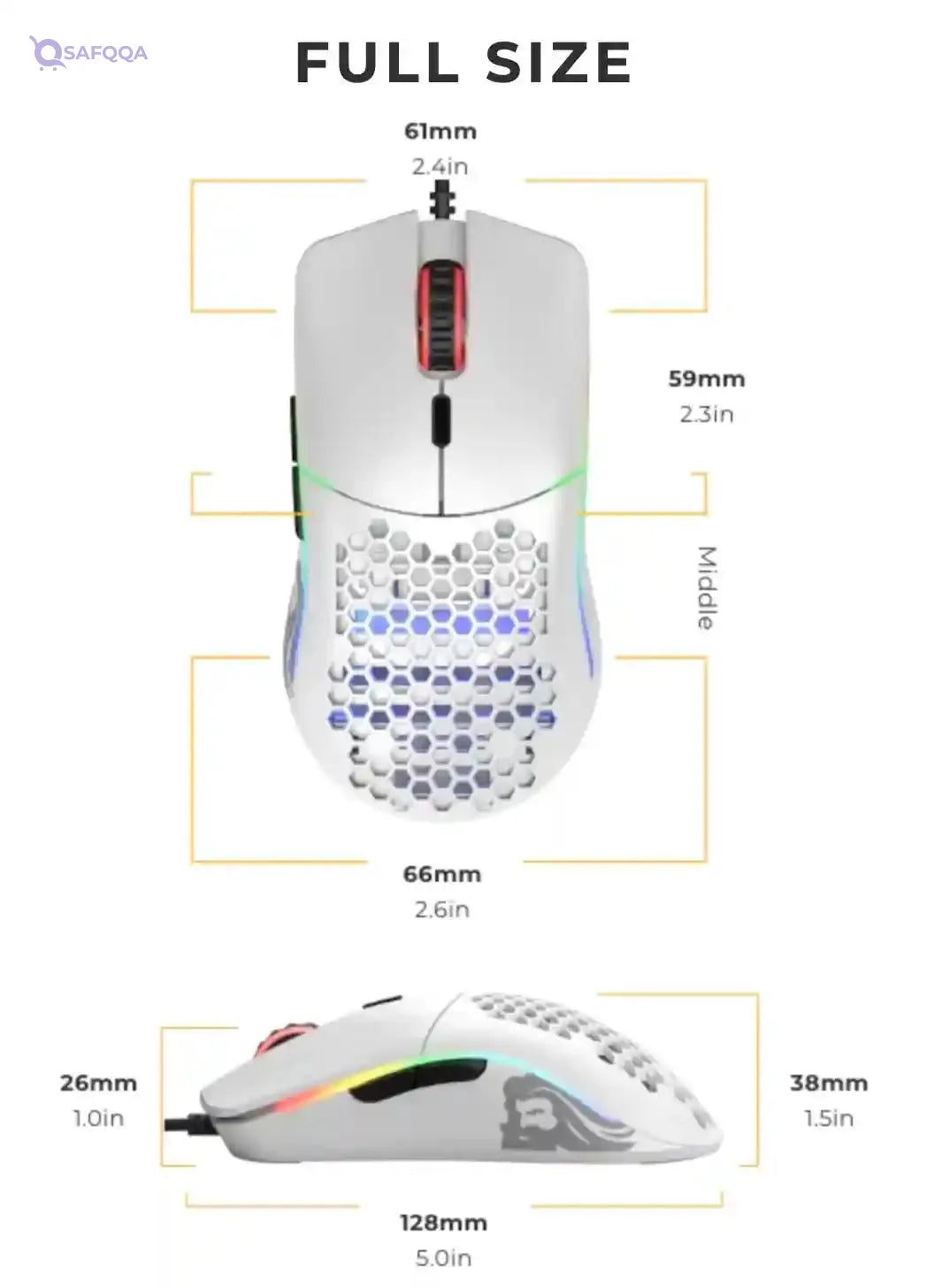 Glorious Model O Wired Gaming Mouse - RGB 67g Lightweight Ergonomic - Backlit Honeycomb Shell Design Mice ( White) - Safqqa