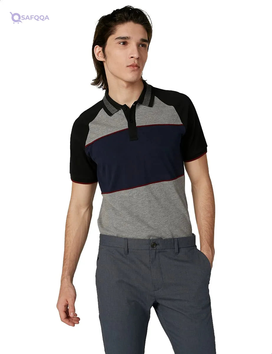 Splash Ribbed Trims Short Raglan Sleeves Polo Shirt For Men - Safqqa