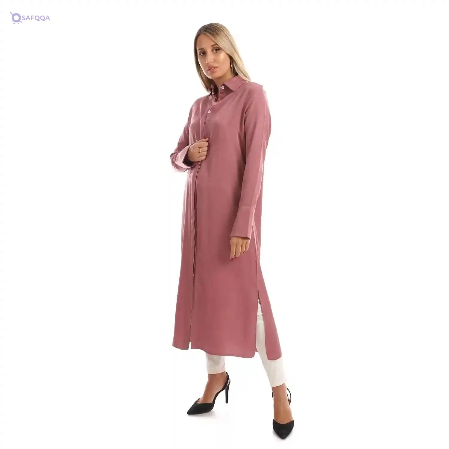Jamila Women long sleeves soft satin buttoned shirt dress - Safqqa Egypt