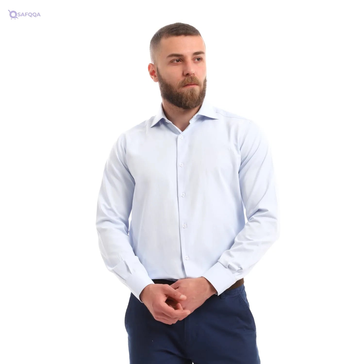 Esla Classic Long Sleeves Slub Shirt - Pastel Bluecotton 58% polyester 42% Cami Shirt For Men, - Safqqa