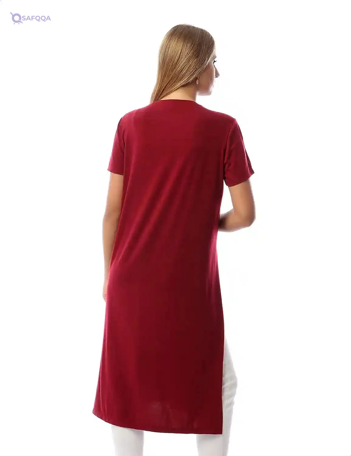 Jamila Women Plain Side Slits Short Sleeves Round Neck Longline Top - Safqqa Egypt