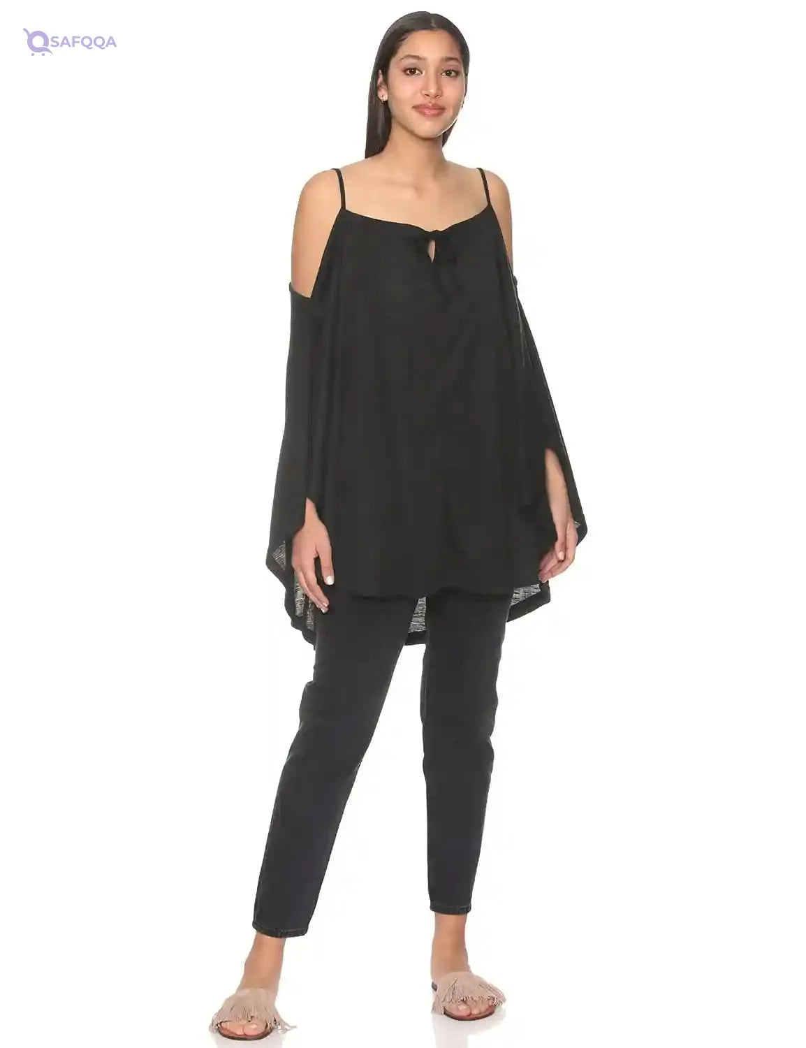 Jamila Women Plain Front Tie Spaghetti Straps Cold Shoulders Loose Blouse - Safqqa Egypt